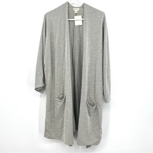 2/$80! DONNI Ribbed Grey and White Striped Open Sweater - Picture 2 of 13